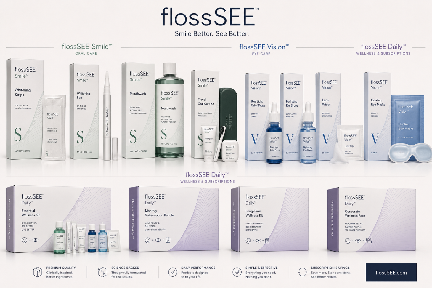 flossSEE brand family — coordinated Smile and Vision packaging