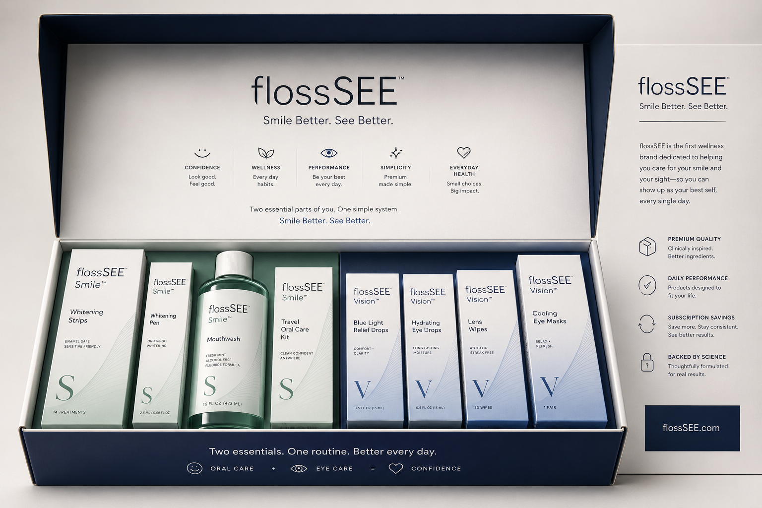 flossSEE Complete Kit — premium packaging with oral and eye care products